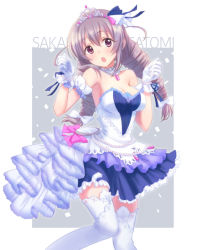 Rule 34 | 10s, 1girl, blush, breasts, character name, chestnut mouth, cleavage, dress, drill hair, gloves, grey hair, idolmaster, idolmaster cinderella girls, idolmaster cinderella girls starlight stage, long hair, looking at viewer, open mouth, purple eyes, sakakibara satomi, solo, thighhighs, toreso, twin drills, twintails