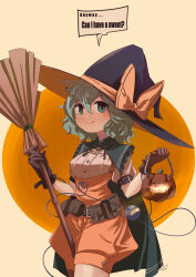 Rule 34 | 1girl, :q, alternate costume, bandaid on eye, belt, belt pouch, black headwear, blush, bow, broom, brown belt, buttons, cape, closed mouth, commentary request, frilled shirt collar, frills, gloves, green cape, green eyes, green hair, grey gloves, hair between eyes, halloween, halloween bucket, hat, hat bow, heart, heart of string, high-waist shorts, highres, holding, holding broom, komeiji koishi, looking at viewer, orange shorts, pouch, puffy short sleeves, puffy sleeves, shirt, short hair, short sleeves, shorts, smile, speech bubble, tami (joemanyodw), third eye, tongue, tongue out, touhou, white shirt, witch hat, yellow bow