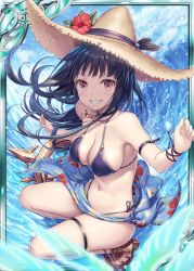 Rule 34 | 1girl, akkijin, arm strap, armpits, bare shoulders, bikini, black choker, black hair, breasts, brown hat, choker, cleavage, cloud, day, floating hair, flower, grin, halterneck, hat, hat flower, long hair, looking at viewer, medium breasts, navel, official art, outdoors, purple eyes, sandals, sarong, shinkai no valkyrie, side-tie bikini bottom, sky, smile, solo, stomach, straw hat, swimsuit, thigh strap, thighs, v-shaped eyebrows, water, waves