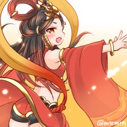 Rule 34 | 1girl, ame no uzume (p&amp;d), ass, bad id, bad pixiv id, black hair, blush, bracelet, gradient background, hair tubes, jewelry, long hair, mashiro miru, midriff, open mouth, puzzle &amp; dragons, solo, twitter username, wide sleeves, yellow eyes
