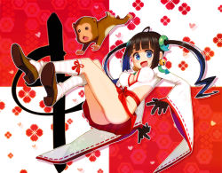 Rule 34 | 1girl, bare hips, bell, black gloves, black hair, blue eyes, breasts, cleavage cutout, clothing cutout, covered erect nipples, drop shadow, gloves, hip vent, jingle bell, large breasts, legs, long hair, long sleeves, looking at viewer, monkey, open mouth, outline, ryoji (nomura ryouji), side cutout, twintails, wide sleeves