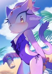 Rule 34 | 1girl, animal ears, artist name, bad id, bad pixiv id, beach, blaze the cat, blurry, blurry background, cat ears, cat tail, covered navel, forehead jewel, furry, furry female, iiimirai, looking at viewer, lotion, ocean, one-piece swimsuit, palm tree, purple fur, purple one-piece swimsuit, scrunchie, side-tie swimsuit, slit pupils, solo, sonic (series), sunscreen, swimsuit, tail, tree, twitter username, wrist scrunchie, yellow eyes