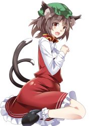 Rule 34 | 1girl, :d, animal ears, black footwear, black hair, blush, bobby socks, breasts, brown eyes, cat ears, cat tail, chen, dress, e.o., earrings, fang, from side, full body, hat, highres, jewelry, loafers, long sleeves, looking at viewer, looking to the side, mob cap, multiple tails, nekomata, open mouth, paw pose, red dress, shoes, short hair, single earring, small breasts, smile, socks, solo, tail, touhou, two tails, white background, white socks
