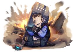 Rule 34 | 1boy, absurdres, arknights, claws, commentary, ear piercing, english commentary, explosion, fingerless gloves, furry, furry male, gloves, handheld game console, highres, holding, holding handheld game console, hood, hooded jacket, hyena boy, hyena ears, hyena tail, jacket, looking at viewer, male focus, nintendo switch, orzero (orzero husky), piercing, rhodes island logo (arknights), rubble, shield, sleeveless, sleeveless jacket, spot (arknights), spot (professional) (arknights)