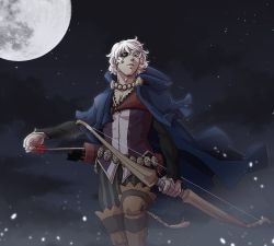 Rule 34 | 1boy, bow (weapon), eyepatch, fire emblem, fire emblem fates, full moon, gold trim, grin, holding, holding weapon, lilly0723euro, male focus, moon, night, night sky, niles (fire emblem), nintendo, outdoors, sky, smile, solo, standing, star (sky), star (symbol), starry sky, weapon, white hair