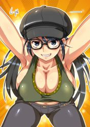 Rule 34 | 1girl, armpits, bad id, bad pixiv id, black hair, breasts, cabbie hat, cleavage, denim, face, fujisawa takashi, glasses, grin, hat, jeans, large breasts, leaning forward, long hair, original, pants, smile, solo