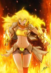 Rule 34 | 1girl, bare shoulders, belt, blonde hair, breasts, clenched hand, fingerless gloves, fire, gauntlets, gloves, looking at viewer, midriff, rwby, serious, single thighhigh, solo, thighhighs, yang xiao long, yellow eyes