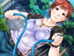 Rule 34 | 1girl, aneboku: onee-chan wa bijin 3 shimai, belt, blush, bra, breasts, brown eyes, dutch angle, embarrassed, game cg, hose, looking at viewer, red hair, saburoo, short hair, skirt, small breasts, solo, standing, tree, underwear, watch, wet, wet clothes, wristwatch