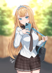 Rule 34 | 1girl, absurdres, alternate costume, bag, blonde hair, blue eyes, blurry, blurry background, cellphone, collared shirt, cowboy shot, day, diadem, grey necktie, grey sailor collar, grey skirt, grin, highres, holding, holding bag, holding phone, hololive, hololive english, long hair, long sleeves, looking at viewer, miniskirt, necktie, outdoors, phone, plaid, plaid skirt, pleated skirt, ryo (ryo artys), sailor collar, sailor shirt, school bag, shirt, signature, skirt, sleeves past wrists, smartphone, smile, solo, standing, straight hair, very long hair, virtual youtuber, watson amelia, white shirt
