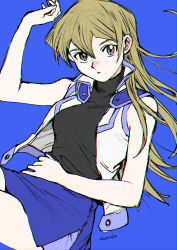 Rule 34 | 1girl, 203wolves, blue background, blue shirt, blue skirt, brown eyes, cowboy shot, duel academy uniform (yu-gi-oh! gx), floating hair, graphite (medium), hair between eyes, highres, jacket, light brown hair, long hair, looking at viewer, miniskirt, open clothes, open jacket, parted lips, pencil skirt, shirt, simple background, sketch, skirt, sleeveless, sleeveless jacket, solo, straight hair, tenjouin asuka, traditional media, turtleneck, twitter username, very long hair, white jacket, yu-gi-oh!, yu-gi-oh! gx