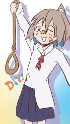 Rule 34 | 1girl, ;3, ahoge, arm up, bandaid, bandaid on face, bandaid on nose, blue background, blue skirt, blush, collared shirt, commentary, copyright name, cowboy shot, do it yourself!!, english commentary, gradient background, grey hair, hair between eyes, highres, holding, holding rope, long bangs, long sleeves, looking at viewer, looking to the side, mixed-language commentary, multicolored background, neck ribbon, noose, one eye closed, open mouth, pleated skirt, red eyes, red ribbon, ribbon, rope, school uniform, shadow, shirt, shirt partially tucked in, short hair, skirt, smile, solo, standing, tlacuache, white background, white shirt, wing collar, yellow background, yua serufu