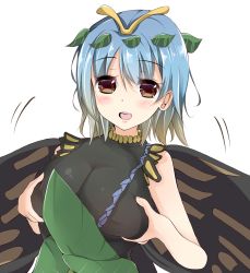 Rule 34 | 1girl, alternate breast size, antennae, aqua hair, blush, breasts, brown eyes, butterfly wings, dress, eternity larva, fairy, green dress, hair between eyes, highres, insect wings, large breasts, leaf, leaf on head, motion lines, motty, multicolored clothes, multicolored dress, open mouth, short hair, simple background, single strap, solo, teeth, touhou, upper teeth only, white background, wings