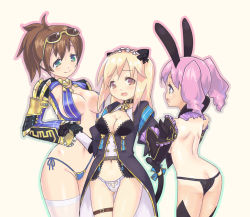 Rule 34 | 3girls, animal ears, ass, back, bad id, bad pixiv id, bare back, bell, black panties, blonde hair, blue panties, breasts, brown eyes, brown hair, butt crack, cat ears, character cutout, cleavage, collar, eyewear on head, fantasy earth zero, frilled sleeves, frills, gluteal fold, green eyes, groin, height difference, henshitai (user cuvp2733), holding hands, jingle bell, large breasts, long hair, looking at another, maid headdress, medium breasts, multiple girls, navel, neck bell, one-piece tan, open mouth, outline, panties, pink hair, ponytail, rabbit ears, revealing clothes, semi-rimless eyewear, shrug (clothing), side-tie panties, smile, string panties, sunglasses, tan, tanline, thigh strap, twintails, under-rim eyewear, underwear, white panties, yellow-framed eyewear