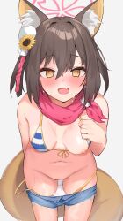 Rule 34 | 1girl, @ @, absurdres, animal ear fluff, animal ears, bikini, black hair, blue archive, blue shorts, blush, breasts, clothes pull, cowboy shot, dairiseki, fang, fox ears, fox tail, front-tie bikini top, front-tie top, halo, highres, izuna (blue archive), izuna (swimsuit) (blue archive), navel, nipples, official alternate costume, open mouth, pink halo, pussy, red scarf, scarf, short hair, short shorts, shorts, shorts pull, simple background, small breasts, solo, striped bikini, striped clothes, swimsuit, tail, white background, yellow eyes