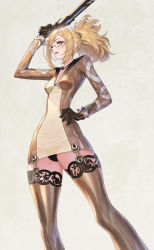 Rule 34 | 1girl, alexandra of resonance, beige background, black gloves, black panties, blonde hair, boots, breasts, dress, glasses, gloves, gun, high ponytail, holding, holding gun, holding weapon, kagimiya mello, kagimiya mello, last origin, lipstick, looking at viewer, makeup, panties, pantyshot, ponytail, short dress, simple background, small breasts, smile, solo, thigh boots, thighhighs, underwear, weapon