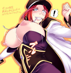 Rule 34 | !, 00s, 1girl, blue eyes, blush, bouncing breasts, breasts, corset, dancing, forte stollen, galaxy angel, grin, hat, huge breasts, large areolae, large breasts, lips, monocle, nipples, peaked cap, puffy nipples, red hair, sawao, short hair, smile, solo, sweatdrop, translated, uniform, wardrobe malfunction