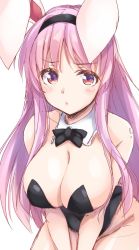 Rule 34 | 1girl, animal ears, bare arms, bare shoulders, black bow, black bowtie, black hairband, blush, bow, bowtie, breasts, cleavage, commentary request, cowboy shot, detached sleeves, groin, hairband, highres, hisae (hisae collect), large breasts, leaning forward, leotard, long hair, looking at viewer, playboy bunny, purple hair, rabbit ears, red eyes, reisen udongein inaba, sidelocks, simple background, sketch, solo, touhou, v arms, very long hair, white background