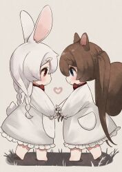 Rule 34 | 2girls, animal ear fluff, animal ears, barefoot, blue eyes, blush, bow, brown hair, claws, closed mouth, commentary request, dress, eye contact, frilled dress, frills, glint, grey background, grey hair, hair between eyes, heart, highres, long sleeves, looking at another, multiple girls, original, puffy long sleeves, puffy sleeves, rabbit ears, rabbit girl, rabbit tail, red bow, red eyes, rucha (dokkanhanabi), short eyebrows, simple background, sleeves past wrists, smile, squirrel ears, squirrel girl, squirrel tail, tail, thick eyebrows, twintails