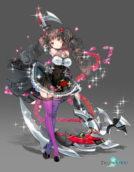 Rule 34 | 1girl, absurdres, armpits, bare shoulders, black dress, black footwear, black hair, breasts, chain, cross, crossed legs, detached sleeves, dress, drill hair, frilled dress, frills, full body, garter straps, glint, highres, holding, holding scythe, huge weapon, large breasts, lily bloomerchen, long hair, long sleeves, looking at viewer, mimi (ranma3049), official art, parted lips, puffy sleeves, purple thighhighs, red eyes, ribbed legwear, scythe, shoes, solo, soulworker, standing, thighhighs, twin drills, twintails, watson cross, weapon, zettai ryouiki