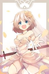 Rule 34 | 1girl, bare shoulders, blue eyes, breasts, bridal veil, chiroru (cheese-roll), choker, commentary, dress, flower, hair flower, hair ornament, highres, konpaku youmu, looking at viewer, medium breasts, open mouth, petals, reaching, reaching towards viewer, sheath, sheathed, short hair, smile, solo, strapless, strapless dress, sword, touhou, veil, weapon, wedding dress, white choker, white dress, white hair