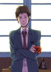 Rule 34 | april fools, armband, brown eyes, brown hair, crossed arms, face, kyon, male focus, mashika, necktie, school uniform, short hair, sketch, solo, suzumiya haruhi no yuuutsu