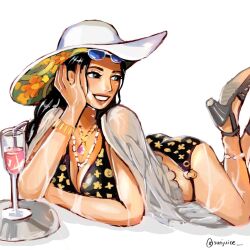 Rule 34 | 1girl, bikini, black hair, cape, commentary, cup, drinking straw, english commentary, eyewear on head, grey footwear, hand on own cheek, hand on own face, hat, high heels, highres, jewelry, long hair, looking to the side, lying, necklace, nico robin, one piece, plate, simple background, solo, sunjuice, swimsuit, twitter username, water, white background