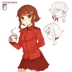 Rule 34 | 1girl, arm behind back, black skirt, brown hair, bsapricot, character name, closed mouth, commentary, cup, emblem, english commentary, english text, epaulettes, expressions, flower, freckles, frown, girls und panzer, green eyes, hair flower, hair ornament, holding, holding cup, insignia, jacket, leaning forward, long sleeves, looking at viewer, military, military uniform, miniskirt, multiple views, open mouth, original, pleated skirt, red jacket, short hair with long locks, sidelocks, skirt, smile, st. gloriana&#039;s (emblem), st. gloriana&#039;s military uniform, standing, steam, teacup, trembling, uniform