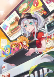 Rule 34 | 1girl, absurdres, blue eyes, burger, commentary request, employee uniform, fall guys, fast food, fast food uniform, food, hair between eyes, highres, looking at viewer, open mouth, short hair, solo, standing, suzaku (zaku6584), tongue, tray, twintails, uniform, white hair, wrist cuffs