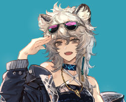 Rule 34 | 1girl, :d, animal ears, arknights, bare shoulders, blue background, blue jacket, breasts, cat ears, cliffheart (arknights), close-up, commentary request, eyewear on head, fangs, grey eyes, hair ornament, head tilt, jacket, jewelry, long hair, necklace, off shoulder, official alternate costume, open mouth, ryuuzaki ichi, simple background, smile, sunglasses, sunglasses on head, teeth, waving, white hair