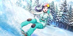 Rule 34 | 1girl, absurdres, blue hair, blush, day, full body, gloves, goggles, goggles on head, hat, high collar, highres, jacket, knee pads, long hair, long sleeves, love live!, love live! school idol festival all stars, love live! sunshine!!, matsuura kanan, official art, open mouth, outdoors, pine tree, plaid, plaid jacket, ponytail, purple eyes, shouting, ski gear, ski goggles, snow, snow on tree, snowboard, snowboarding, solo, sparkle, tree