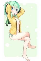 Rule 34 | 1girl, adjusting hair, ahoge, alternate hairstyle, arms behind head, arms up, bare legs, barefoot, blue eyes, blush, breasts, center opening, frilled sleeves, frills, from side, full body, green eyes, green panties, highres, komeiji koishi, crossed legs, long sleeves, looking at viewer, looking to the side, midriff, mouth hold, navel, no bra, ominaeshi (takenoko), open clothes, open shirt, panties, ponytail, shirt, side-tie panties, sitting, small breasts, solo, stomach, touhou, tying hair, underwear, wide sleeves