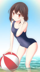 Rule 34 | 1girl, bad id, bad pixiv id, ball, bare arms, bare shoulders, beachball, brown hair, collarbone, day, highres, looking at viewer, numpopo, ocean, one-piece swimsuit, original, outdoors, red eyes, school swimsuit, short hair, sitting, soaking feet, solo, standing, swimsuit, wading, water