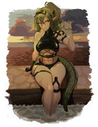 Rule 34 | 1girl, arknights, arm strap, bare shoulders, bikini, black bikini, black gloves, breasts, commentary, crocodilian tail, cup, drinking glass, english commentary, fingerless gloves, food, fruit, gavial (arknights), gloves, green hair, hair between eyes, hand up, highres, holding, holding cup, lime (fruit), lime slice, long hair, looking at viewer, medium breasts, navel, official alternate costume, outdoors, pinky out, pointy ears, ponytail, single glove, sitting, smile, soaking feet, solo, stomach, swimsuit, tail, the slayer of vishaps, thigh strap, thighs, visor cap, yellow eyes