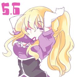 Rule 34 | 1girl, adjusting hair, blonde hair, breasts, corset, dated, dress, elbow gloves, gloves, gokuu (acoloredpencil), hair undone, long hair, mouth hold, one eye closed, puffy short sleeves, puffy sleeves, purple dress, purple eyes, short sleeves, simple background, solo, touhou, tying hair, very long hair, white background, white gloves, yakumo yukari