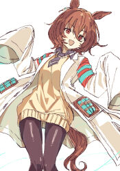 Rule 34 | 1girl, agnes tachyon (umamusume), animal ears, black pantyhose, brown hair, coat, gorirago, hair between eyes, highres, horse ears, horse girl, horse tail, lab coat, long sleeves, looking at viewer, open clothes, open mouth, pantyhose, red eyes, short hair, simple background, sleeves past fingers, sleeves past wrists, solo, sweater, sweater vest, tail, umamusume, white background, wide sleeves, yellow sweater