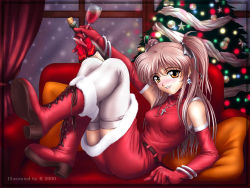 Rule 34 | 1girl, alcohol, blush, boots, bottle, christmas, christmas tree, couch, cross, cross-laced footwear, cross necklace, cup, drink, drinking glass, earrings, elbow gloves, gloves, hair ribbon, holidays, indoors, jewelry, lace-up boots, latin cross, looking at viewer, necklace, orange eyes, original, pillow, r&#039;s wallpaper studio, red footwear, red gloves, ribbon, santa costume, solo, thighhighs, twintails, two side up, wallpaper, white thighhighs, window, wine, wine glass