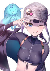 Rule 34 | 1girl, badge, baseball cap, bikini, bikini under clothes, black bikini, black jacket, black shirt, blue eyes, blush, breasts, button badge, camouflage, camouflage headwear, cropped shirt, fate/grand order, fate (series), hat, highres, jacket, long hair, long sleeves, looking at viewer, medium breasts, one eye closed, open clothes, open jacket, outerrace ik, purple hair, shirt, sidelocks, smile, swimsuit, tongue, tongue out, twintails, yang guifei (event portrait) (fate), yang guifei (fate)