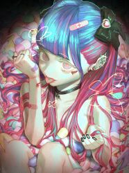 Rule 34 | 1girl, bandaid, black bow, black choker, black nails, blue hair, bow, choker, commentary request, ear piercing, earrings, heart, highres, injury, jewelry, long hair, looking at viewer, matsu bokkuri, multicolored hair, nail polish, original, piercing, pill, pink hair, purple eyes, ring, self-harm, solo, tongue, tongue out, tongue piercing, twintails