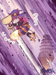 Rule 34 | &gt; &lt;, 1girl, architecture, boots, capelet, castle, east asian architecture, elizabeth bathory (fate), elizabeth bathory (halloween caster) (fate), fate/grand order, fate (series), hat, holy grail (fate), horns, long hair, minafuni, purple background, purple hair, pyramid (structure), speed lines, tail, two-tone dress, witch hat