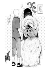 Rule 34 | 1boy, 1girl, black hair, blush, breasts, chomoran, commentary request, covering own mouth, dress, faceless, faceless male, flower, flying sweatdrops, garter belt, garter straps, gloves, greyscale, hasshaku-sama, hat, hat flower, headpat, heart, height difference, highres, holding, holding clothes, holding hat, huge breasts, kneeling, long hair, monochrome, original, polka dot, polka dot background, sandals, see-through, short sleeves, size difference, sun hat, sundress, sweatdrop, tall, tall female, thighhighs, translation request, unworn hat, unworn headwear, urban legend, white dress