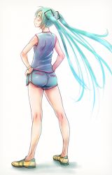 Rule 34 | 1girl, aqua hair, ass, bare legs, from behind, full body, hands on own hips, hatsune miku, legs, long hair, no socks, shoes, short shorts, shorts, sketch, sleeveless, sneakers, solo, twintails, vocaloid, wokada