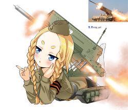 Rule 34 | 1girl, absurdres, blonde hair, blue eyes, braid, child, hat, highres, long sleeves, lying, military, military uniform, military vehicle, missile, nisp art, original, personification, photo inset, ribbon of saint george, russian commentary, skirt, solo, thick eyebrows, tos1a solntsepyok, twin braids, uniform