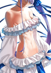 Rule 34 | bare shoulders, bikini, blue choker, blue one-piece swimsuit, blue ribbon, breasts, choker, commentary request, cowboy shot, fate/grand order, fate (series), head out of frame, highres, meltryllis, meltryllis (fate), meltryllis (swimsuit lancer) (fate), meltryllis (swimsuit lancer) (third ascension) (fate), navel, off-shoulder bikini, off shoulder, one-piece swimsuit, purple hair, rama (amaru), ribbon, side ponytail, sleeves past wrists, small breasts, smile, swimsuit, toned