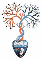 Rule 34 | 1girl, barefoot, dress, fruit tree, heart (organ), holding, holding petal, in container, liquid, neetiska, original, petals, picking up, simple background, solo, submerged, symbolism, tree, underwater, water, white background, white dress, white hair