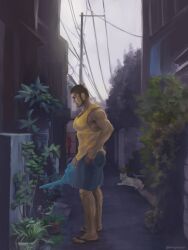 Rule 34 | 1boy, arm hair, bara, beard, black hair, blue shorts, buzz cut, casual, chest hair, covered erect nipples, facial hair, from side, full body, golden kamuy, hairy, holding, holding watering can, large pectorals, leg hair, male focus, mature male, muscular, muscular male, nopinzo, painterly, pectorals, short hair, shorts, sideburns, solo, tanigaki genjirou, tank top, thick eyebrows, very short hair, watering, watering can, yellow tank top