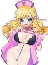 Rule 34 | bare hips, bare shoulders, black bra, blonde hair, blue eyes, blush, bra, breasts, cleavage, cowboy shot, dress, hat, idolmaster, idolmaster cinderella girls, leaning forward, long hair, looking at viewer, medium breasts, nurse, nurse cap, o-ring, ohtsuki yui, open clothes, open dress, open mouth, pearl thong, revealing clothes, ribbon, simple background, sketch, smile, swept bangs, thigh gap, underwear, white background, yam (htt)
