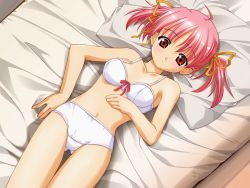 Rule 34 | 1girl, ahoge, anonono, bed, blush, bow, bow bra, bow panties, bra, breasts, dutch angle, embarrassed, from above, game cg, hair ribbon, lingerie, looking at viewer, lying, navel, on back, panties, parted bangs, pillow, pink hair, red eyes, ribbon, short hair, short twintails, solo, souryuu (double dragon), thigh gap, tooyama kokoro, twintails, underwear, underwear only, white bra, white panties