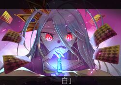 Rule 34 | board game, card, chess, chess piece, close-up, crown, cvel 1014, glowing, glowing eyes, highres, king (chess), no game no life, playing card, shiro (no game no life), white hair