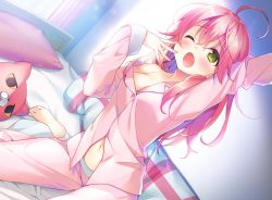 Rule 34 | 1girl, ahoge, arm up, barefoot, bed, bedroom, breasts, feet, green eyes, hair between eyes, hand to own mouth, highres, hololive, indoors, long hair, navel, off shoulder, one eye closed, open mouth, pajamas, pants, pillow, pink hair, pink pajamas, pink pants, pink shirt, sakura miko, shirt, sitting, solo, stretching, stuffed toy, suimya, toes, virtual youtuber, yawning