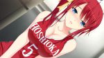 Rule 34 | 1girl, akino subaru, animated, sound, bare shoulders, blue eyes, blush, breasts, cleavage, collarbone, dutch angle, covered erect nipples, female focus, full-face blush, hatsukoi 1/1, highres, large breasts, red hair, solo, tsukishima kyou, video, video